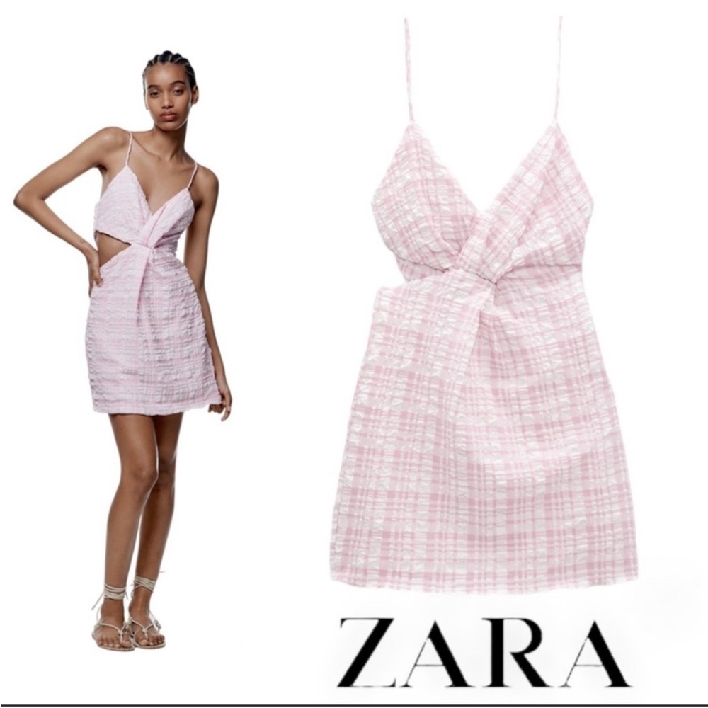 ZARA -  Light Pink Textured Gingham Mini Dress